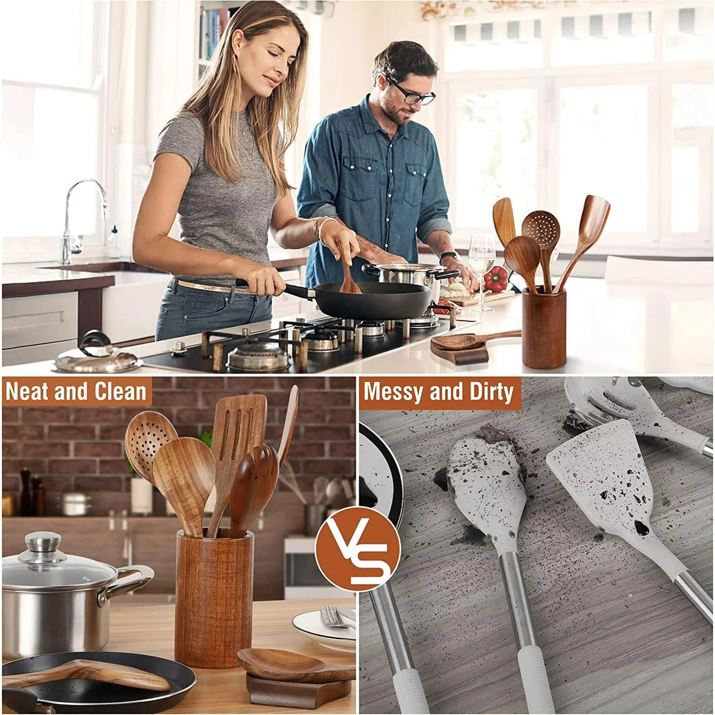 Wooden Spoons for Cooking with Wide Utensil Heads, 9 PCS Teak Wooden Utensils Set for Cooking, Spatula,Turner, Wood Spoon Set for Kitchen Essentials, Non-Stick Cookware, Heat Resistant