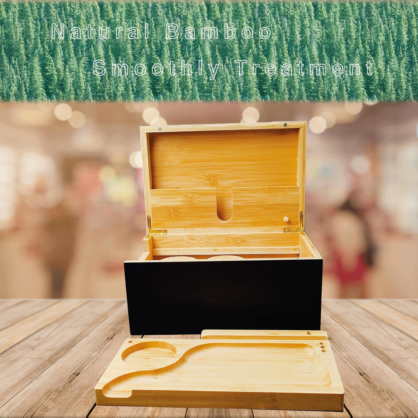 Large Wooden Box Bamboo Storage with Rolling Tray Container Airtight Jars
