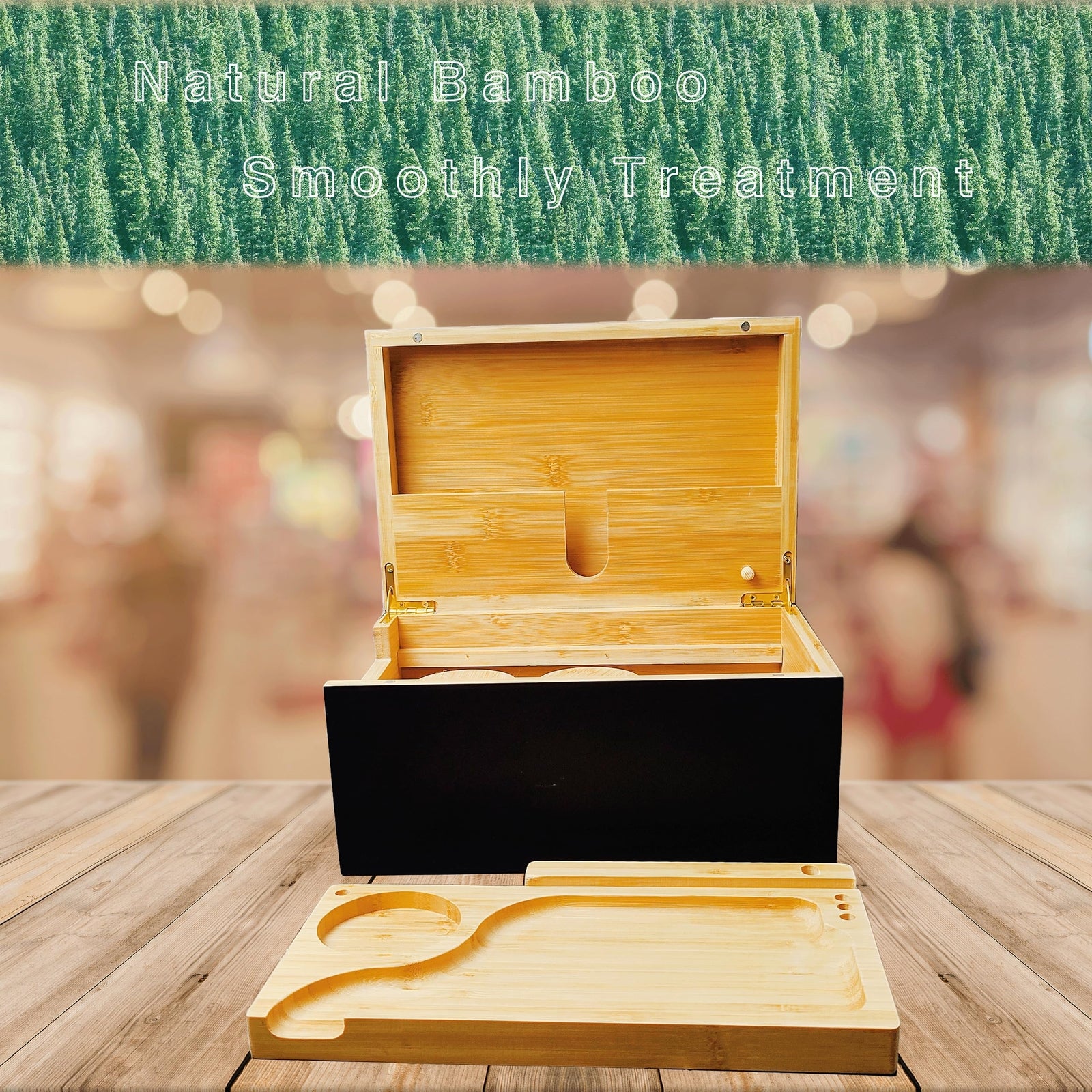Large Wooden Box Bamboo Storage with Rolling Tray Container Airtight Jars