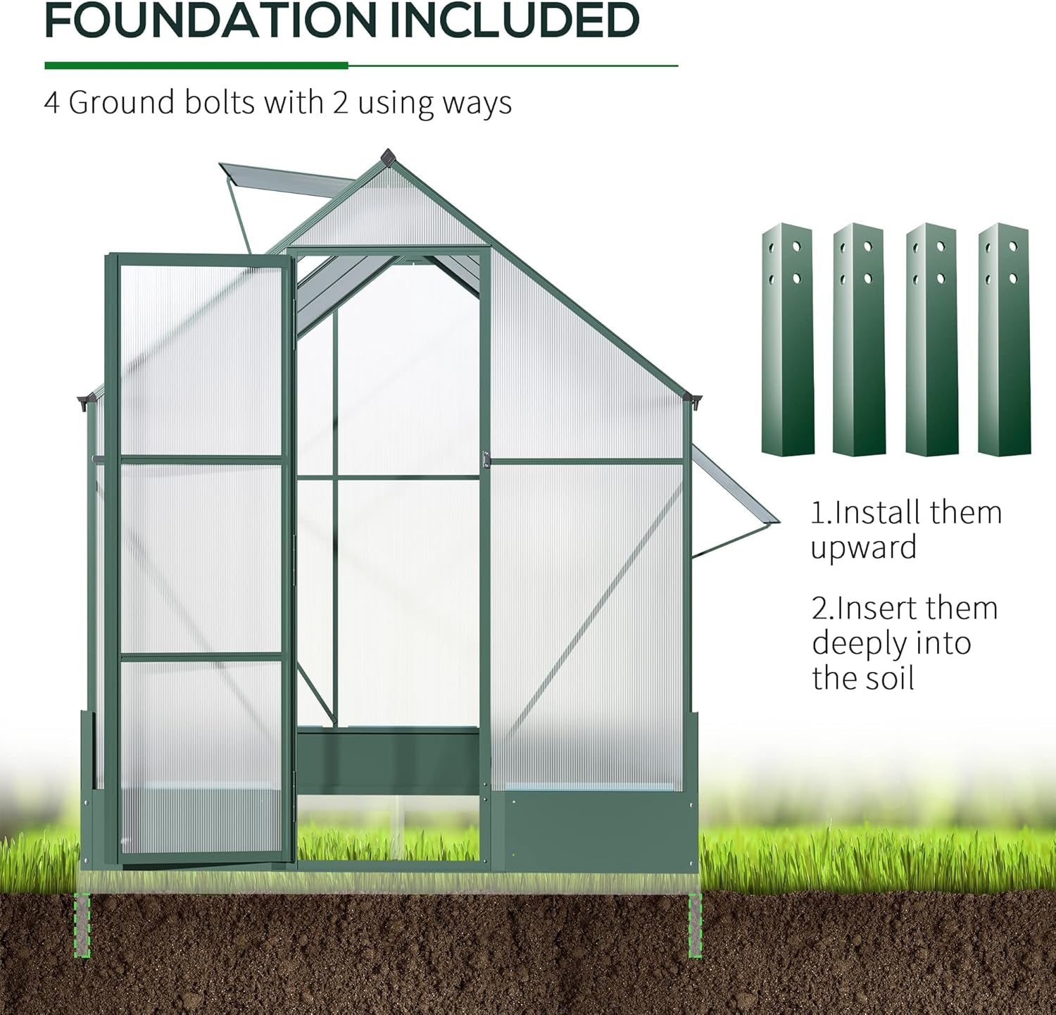 8' X 6' Greenhouse for Outdoors, Polycarbonate Greenhouse with Roof Vent and Rain Gutter, Aluminum Walk-In Green House for outside for Patio Backyard Garden, Green