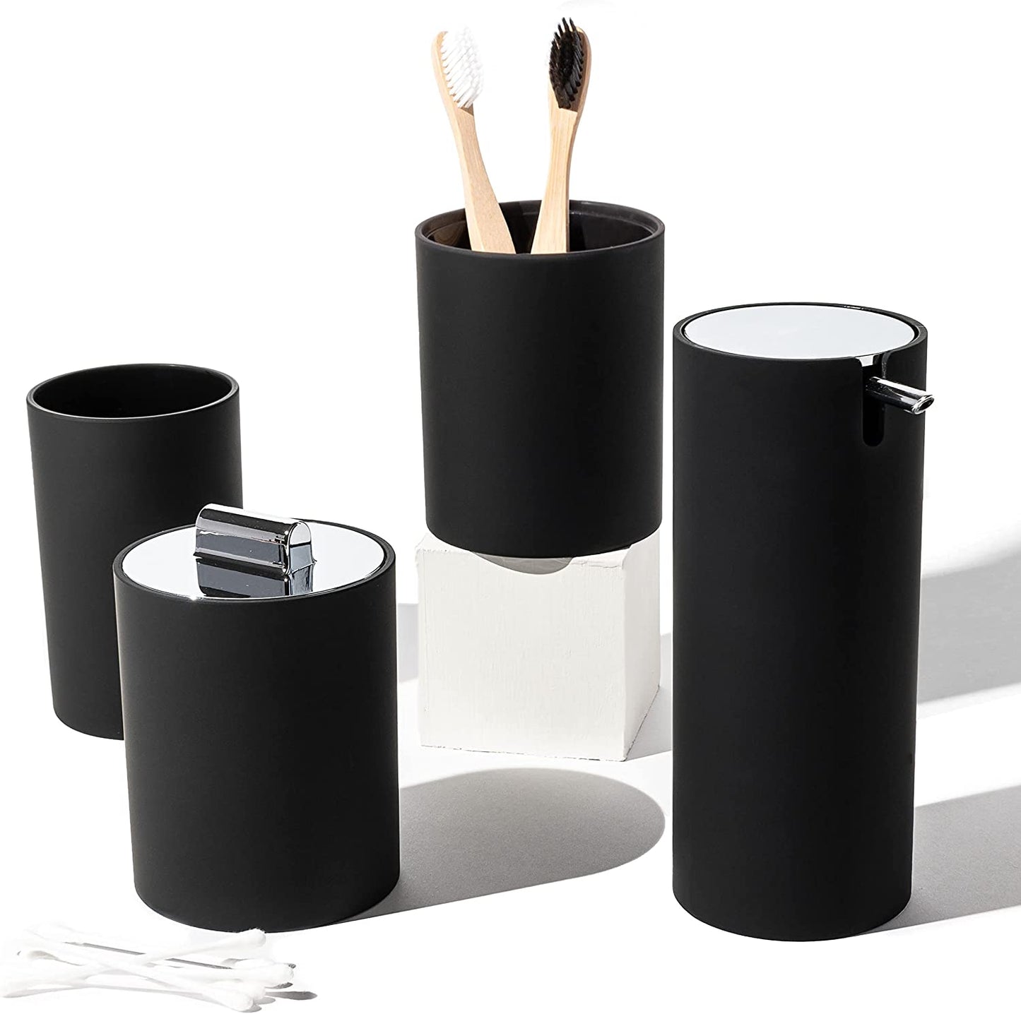 Sleek Matte Black Bathroom Accessory Set 4 Pcs Complete Bathroom Set Modern Bathroom Decor Bathroom Organizer Accesorios Para Baños Toothbrush Holder Soap Dispenser Set Home Decor Clearance