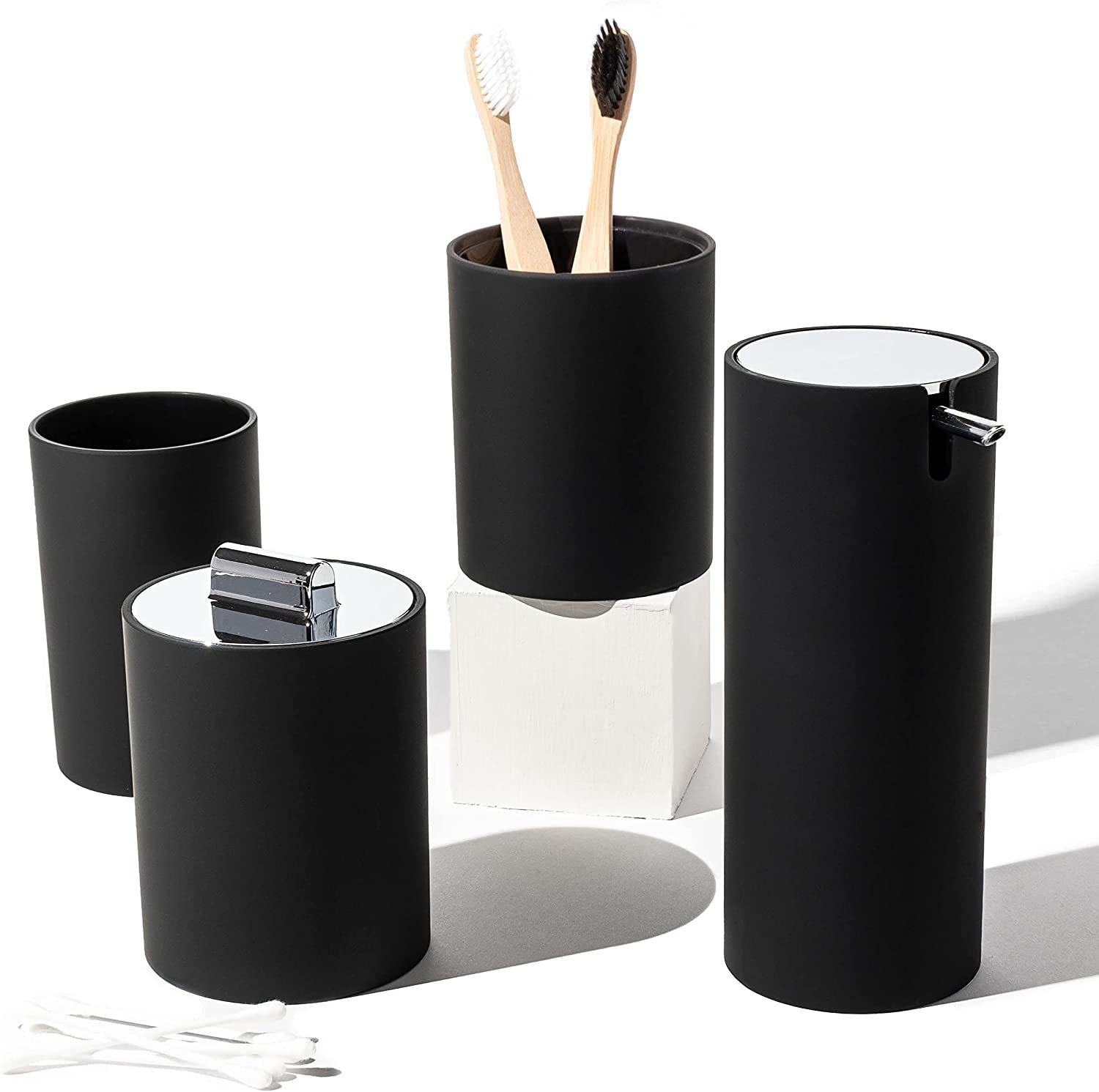 Sleek Matte Black Bathroom Accessory Set 4 Pcs Complete Bathroom Set Modern Bathroom Decor Bathroom Organizer Accesorios Para Baños Toothbrush Holder Soap Dispenser Set Home Decor Clearance