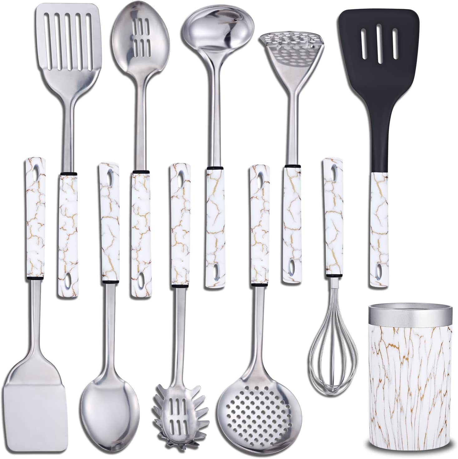 Stainless Steel Kitchen Utensil Set - 11 Cooking Utensils - Nonstick Kitchen Utensils Cookware Set White…