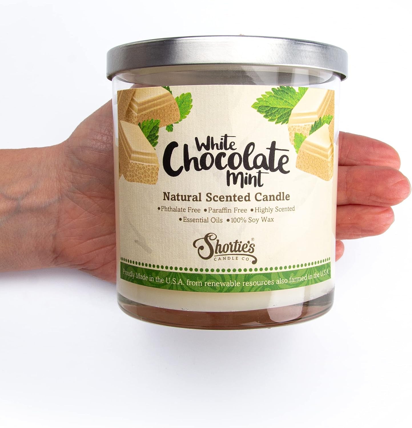 White Chocolate Mint Scented Natural Soy Candle, Essential Fragrance Oils, 100% Soy, Phthalate & Paraben Free, Clean Burning, 9 Oz.