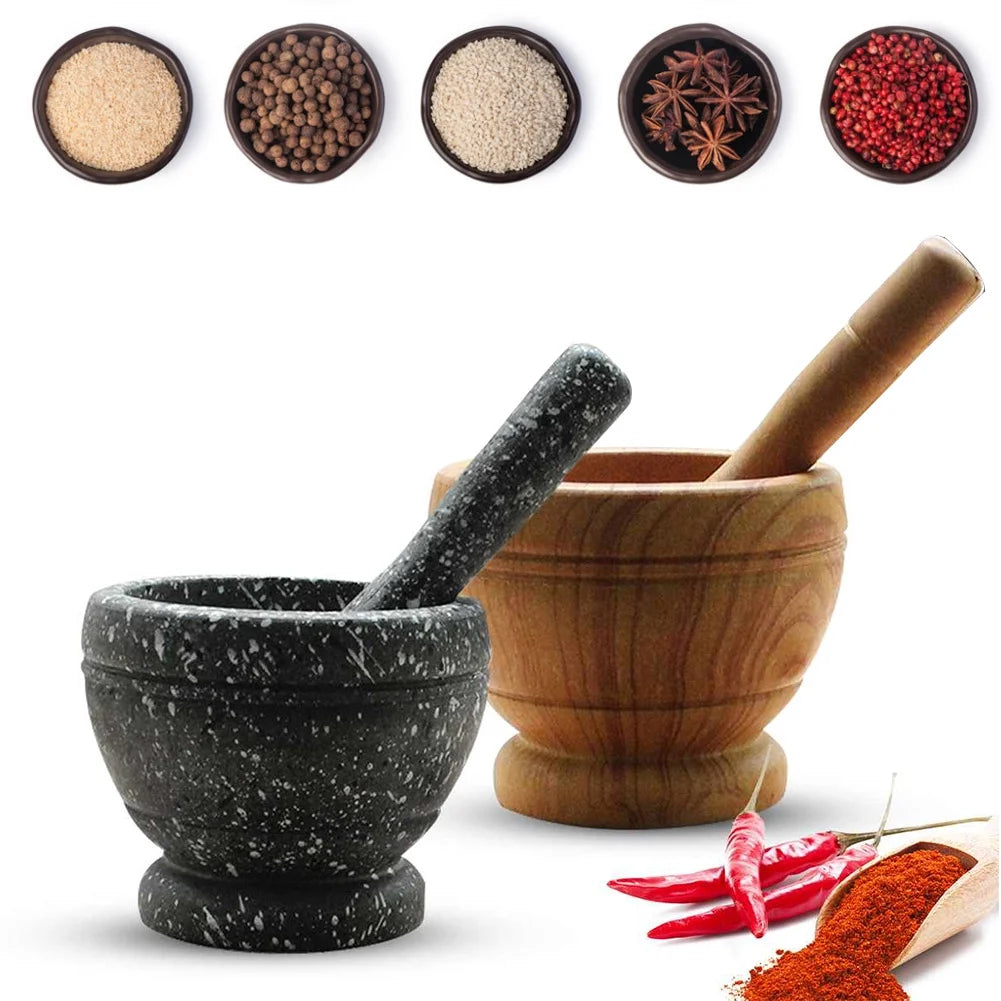 Pestle and Mortar,Natural Wooden Granite, 6.7 Inch Stone Cup & Crusher Set,Hand Grinder for Herbs, Spices, Pesto, & Guacamole,By
