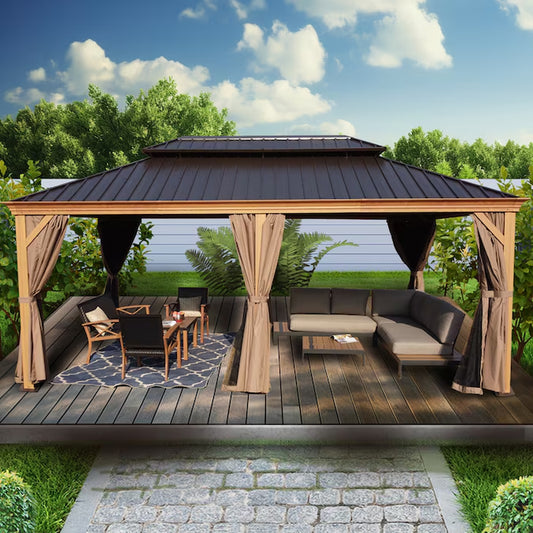 12-Ft X 20-Ft Gazebo Brown Gazebo with Hardtop Roof (Screen Included)
