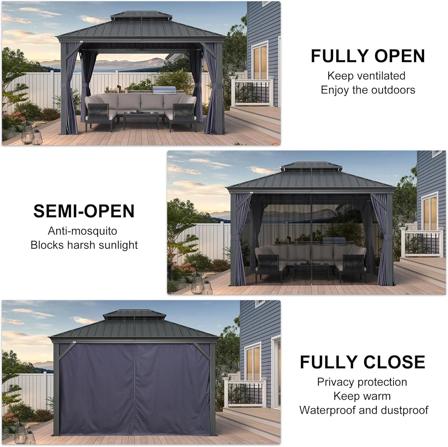 10' X 12' Hardtop Gazebo Aluminum Gazebo with Galvanized Steel Double Roof for Backyard Patio Lawn and Garden, Curtains and Netting Included, Navy Blue