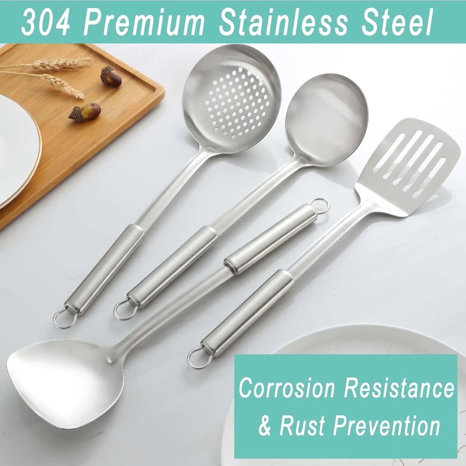 4 Pcs Cooking Utensils Set, 304 Stainless Steel Kitchen Utensils, Include Wok Ladle, Slotted Spoon, Wok Spatula and Slotted Spatula, Dishwasher Safe