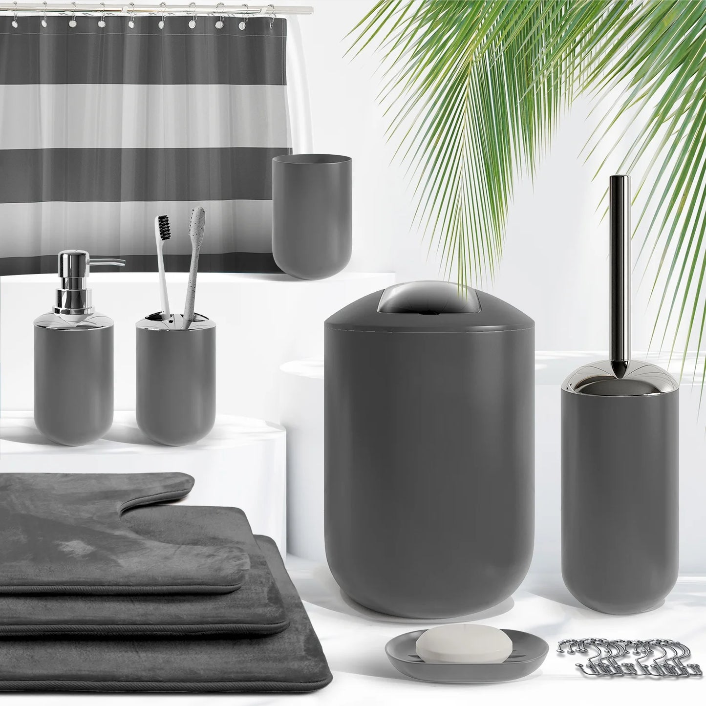23 Piece Bathroom Accessory Gift Set, Bathroom Shower Curtain Set, and Bath Rug Set, Gray