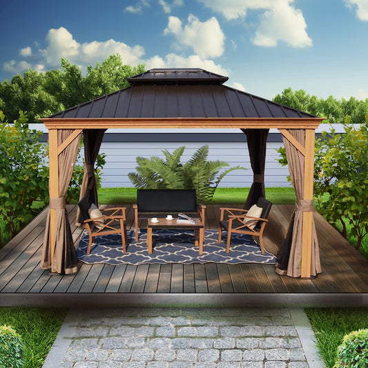 12-Ft X 20-Ft Gazebo Brown Gazebo with Hardtop Roof (Screen Included)