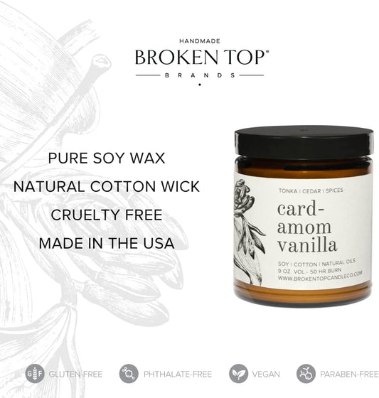- Cardamom Vanilla | 9 Oz. Tonka, Cedar & Spices. Pure Soy Wax Candle. 50-Hour Burn Time. Natural Cotton Wick, Vegan, No Parabens, No Phthalates
