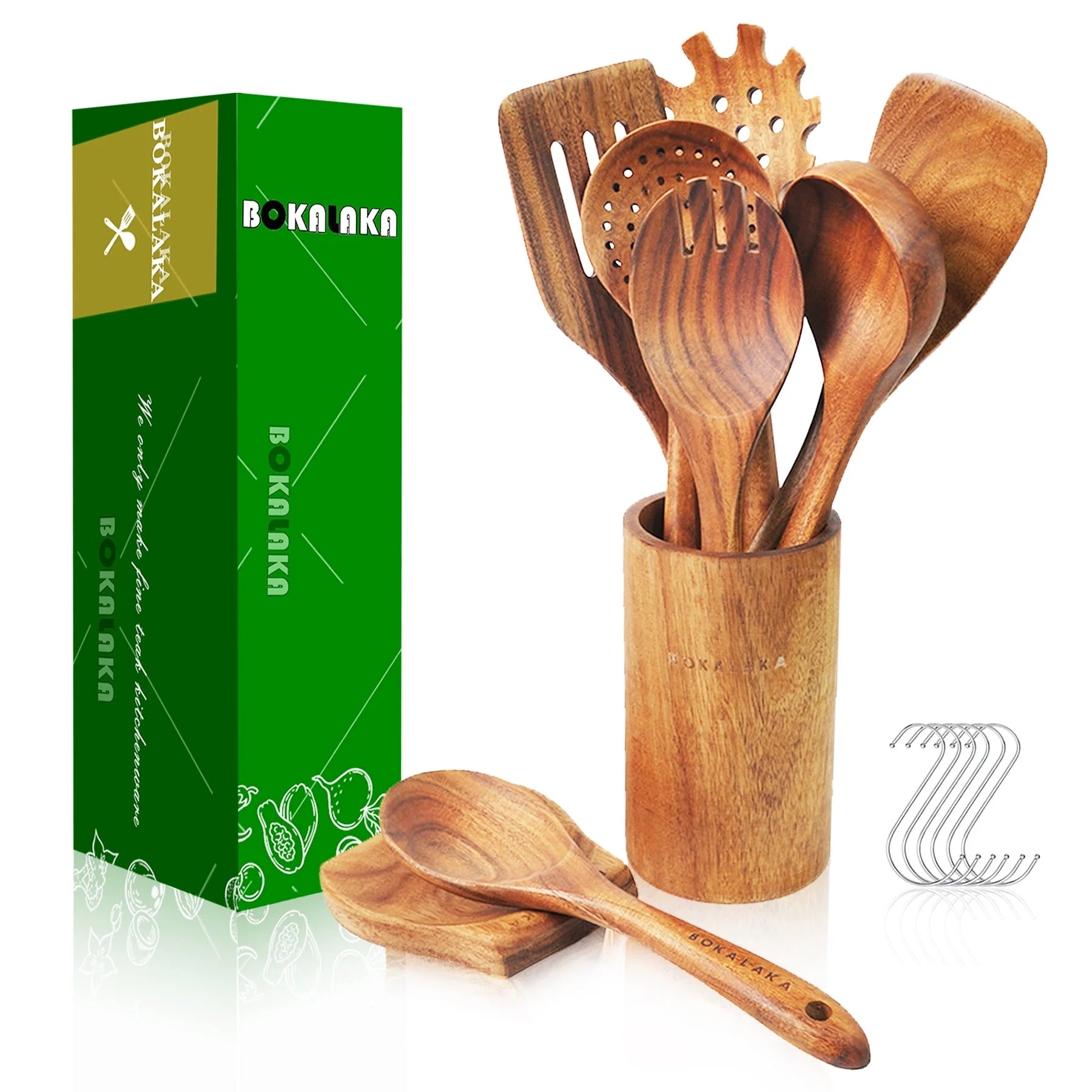 9-Piece Wooden Spoons for Cooking-Comfort-Grip Wooden Utensils for Cooking-Smooth Finish Wooden Cooking Utensils with Utensils Holder-Wooden Kitchen Utensil Set with Spoon Rest & Hooks