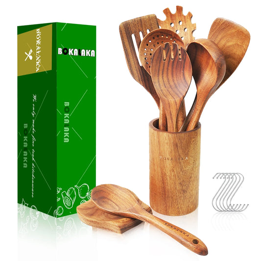 9-Piece Wooden Spoons for Cooking-Comfort-Grip Wooden Utensils for Cooking-Smooth Finish Wooden Cooking Utensils with Utensils Holder-Wooden Kitchen Utensil Set with Spoon Rest & Hooks