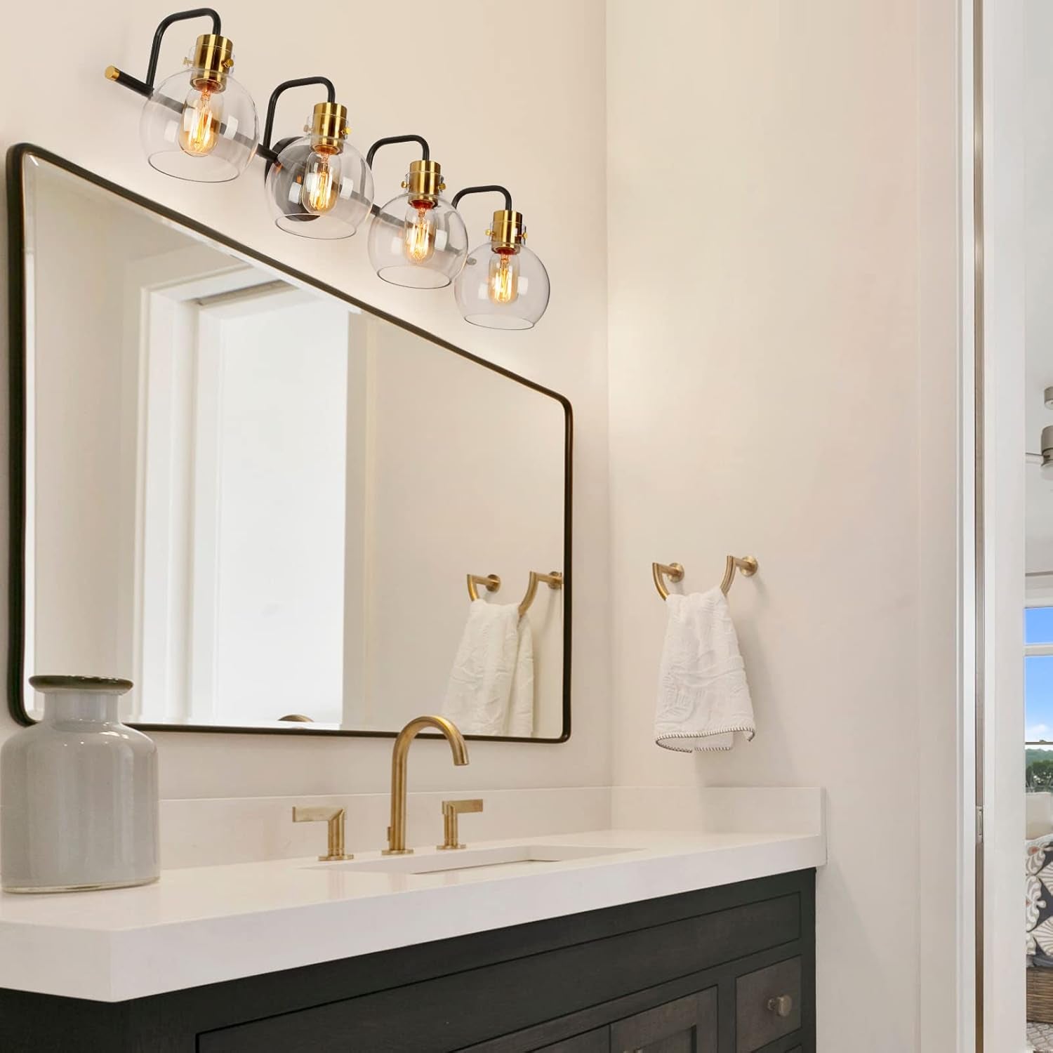 Bathroom Light Fixtures, 4-Light Black Gold Vanity Light, Vintage Farmhouse Bathroom Lights over Mirror (L 32" X W 8" X H 8") Black Vanity Light