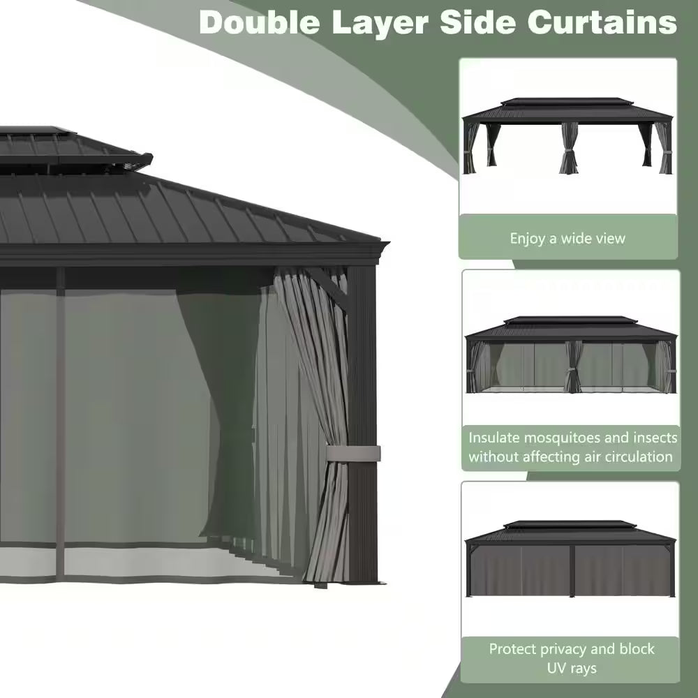 24 Ft. W X 14 Ft. D Hardtop Gazebo Aluminum Double Roof Metal Gazebo with Curtain and Netting