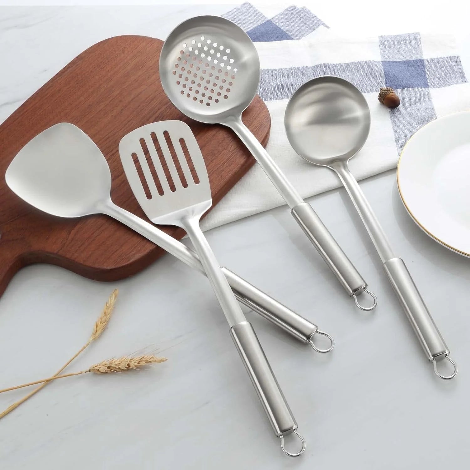 4 Pcs Cooking Utensils Set, 304 Stainless Steel Kitchen Utensils, Include Wok Ladle, Slotted Spoon, Wok Spatula and Slotted Spatula, Dishwasher Safe