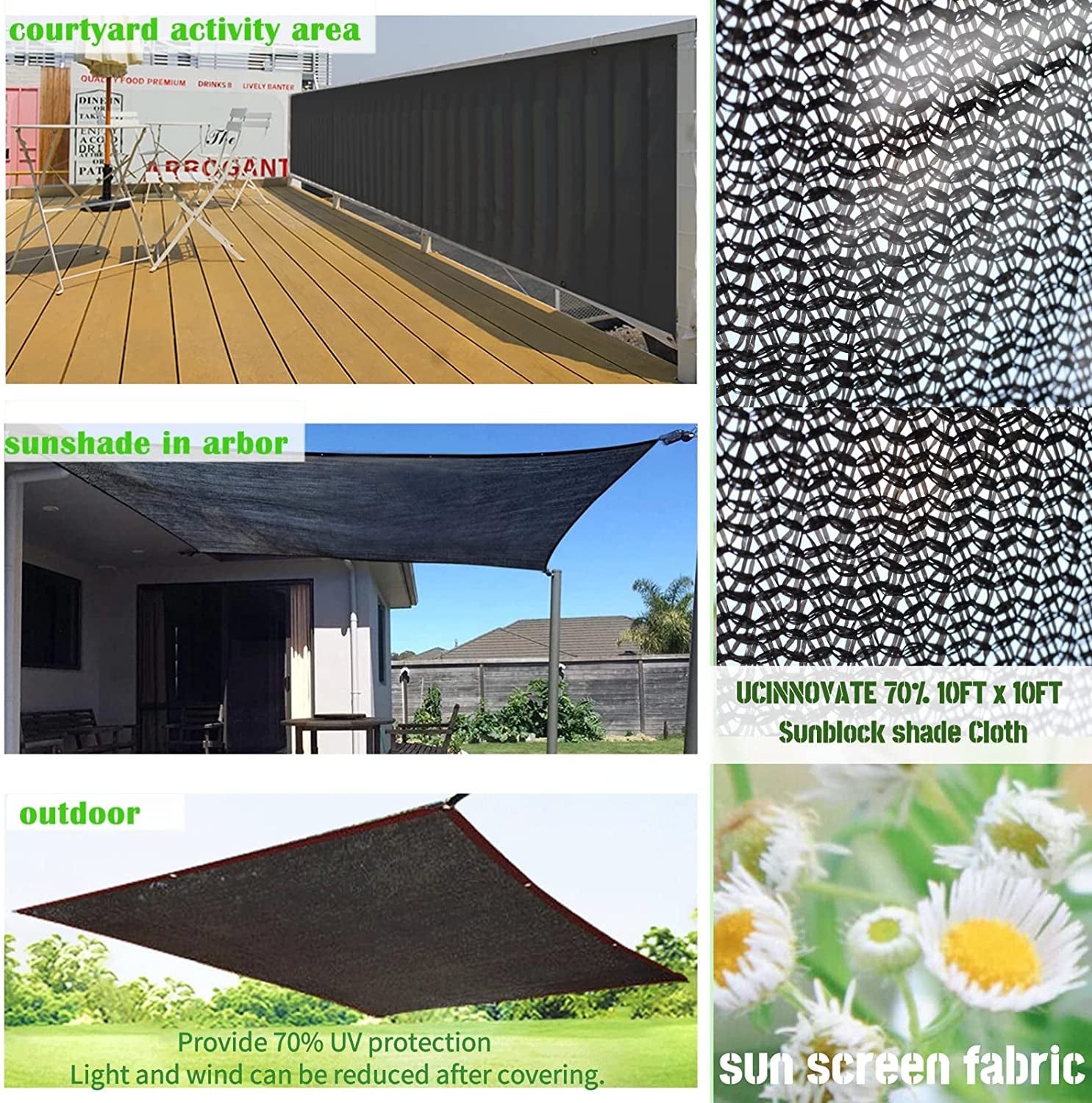 Sunblock Shade Cloth 70% Shade Net Greenhouse Covers 10Ft X 10Ft Fabric Mesh Tarp Sunshade Sunscreen UV Resistant Netting with Grommets for Garden Patio Lawn Plant Parking Yard or Kennel