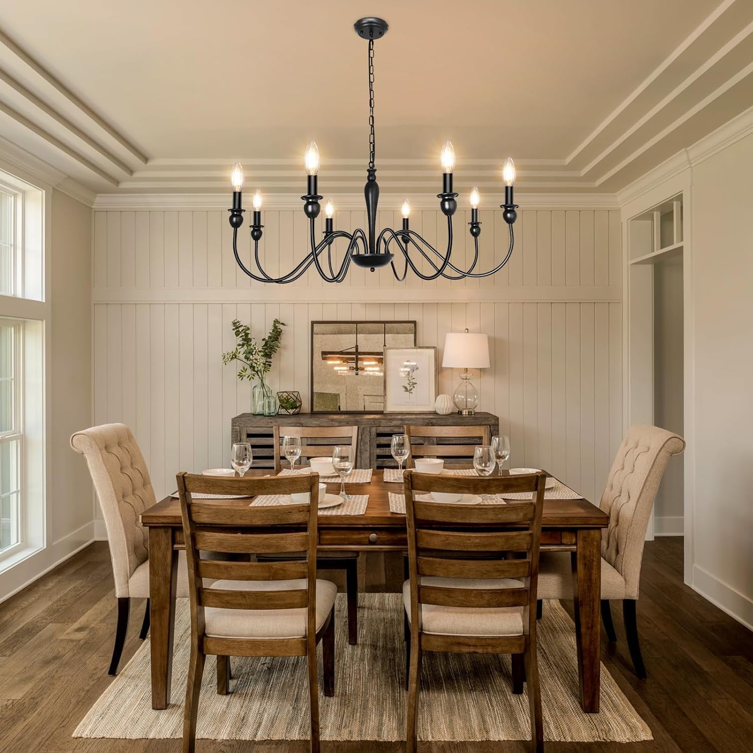 Black Farmhouse Chandeliers for Dining Room Light Fixture, Rustic Metal Traditional Candle Chandelier for Bedroom Kitchen Living Room Entryway Foyer Farmhouse Light Fixtures Ceiling Hanging
