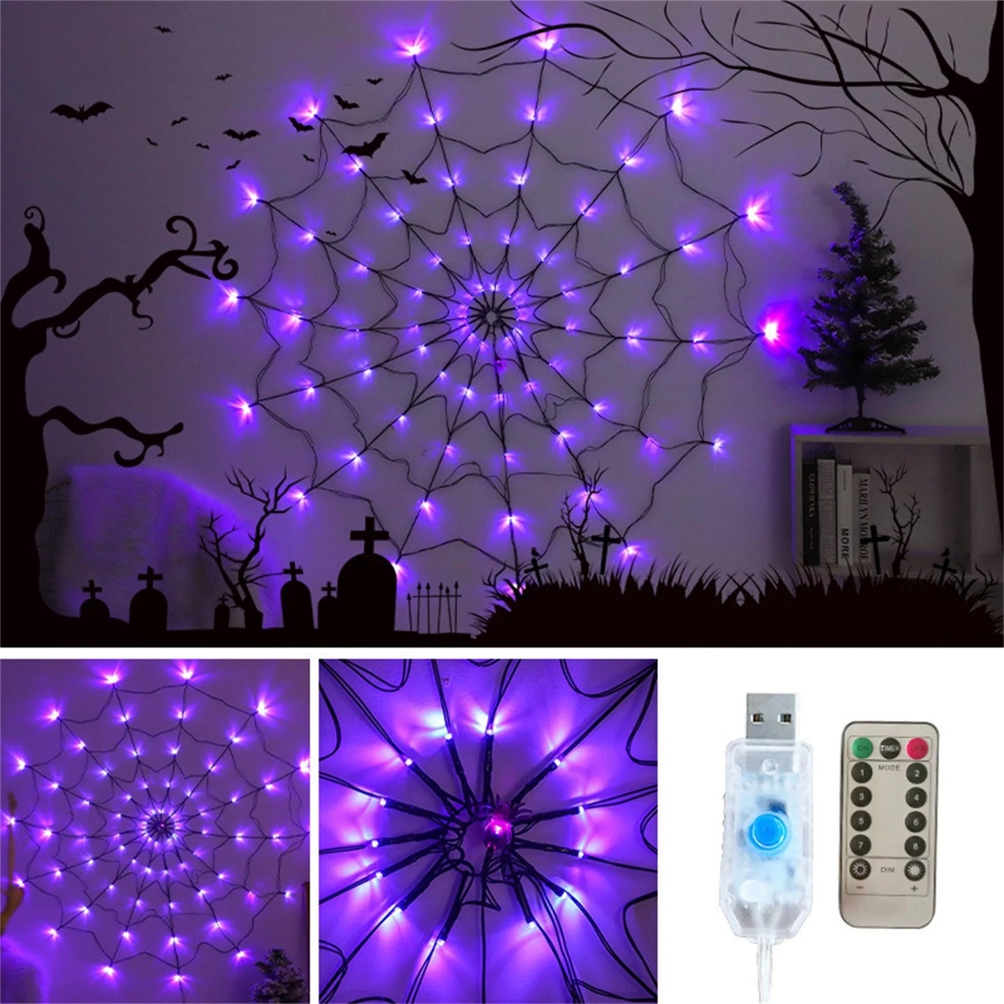 Halloween LED Spider Web Light,Horror Festival Theme Yard Decoration,Usb Remote-Control Glowing Spider Web Light for Indoor Outdoor Setup