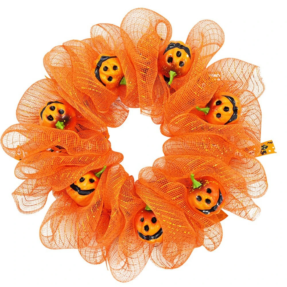 45Cm Halloween Door Wreath Artificial Autumn Wreath Orange Pumpkin Wreath Mesh Fabric Garland for Home Decor Indoor Outdoor