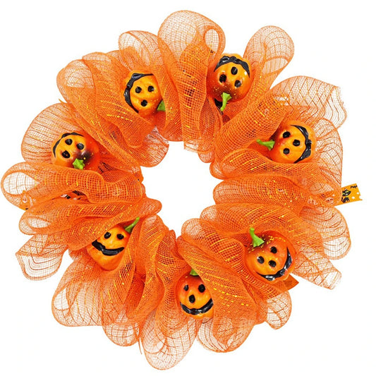 45Cm Halloween Door Wreath Artificial Autumn Wreath Orange Pumpkin Wreath Mesh Fabric Garland for Home Decor Indoor Outdoor