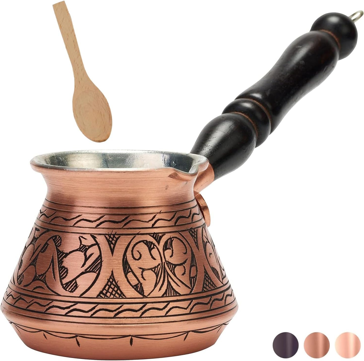 2Mm Thickest Copper Turkish Greek Arabic Coffee Pot Engraved Stovetop Coffee Maker Cezve Ibrik Briki with Wooden Handle & Spoon, for 3 People (Matte Copper)