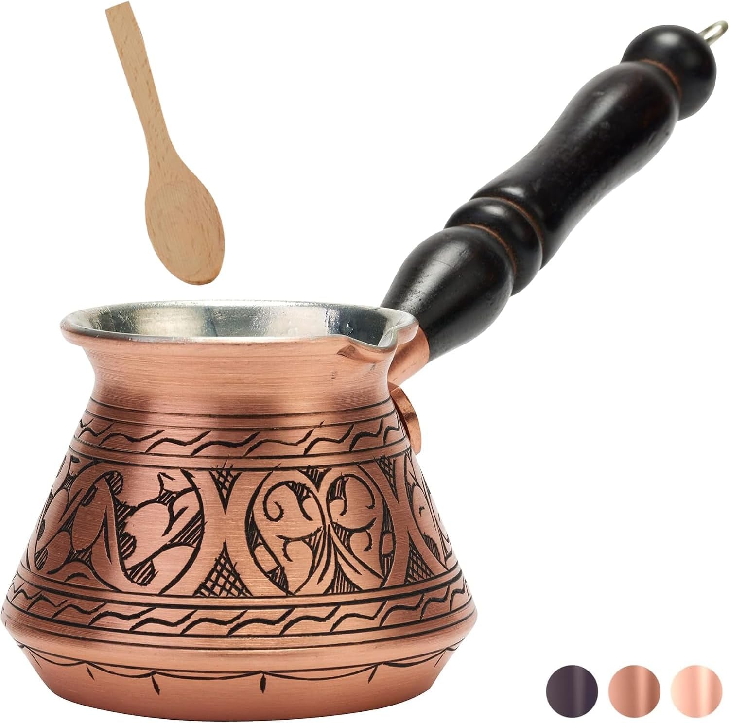 2Mm Thickest Copper Turkish Greek Arabic Coffee Pot Engraved Stovetop Coffee Maker Cezve Ibrik Briki with Wooden Handle & Spoon, for 3 People (Matte Copper)