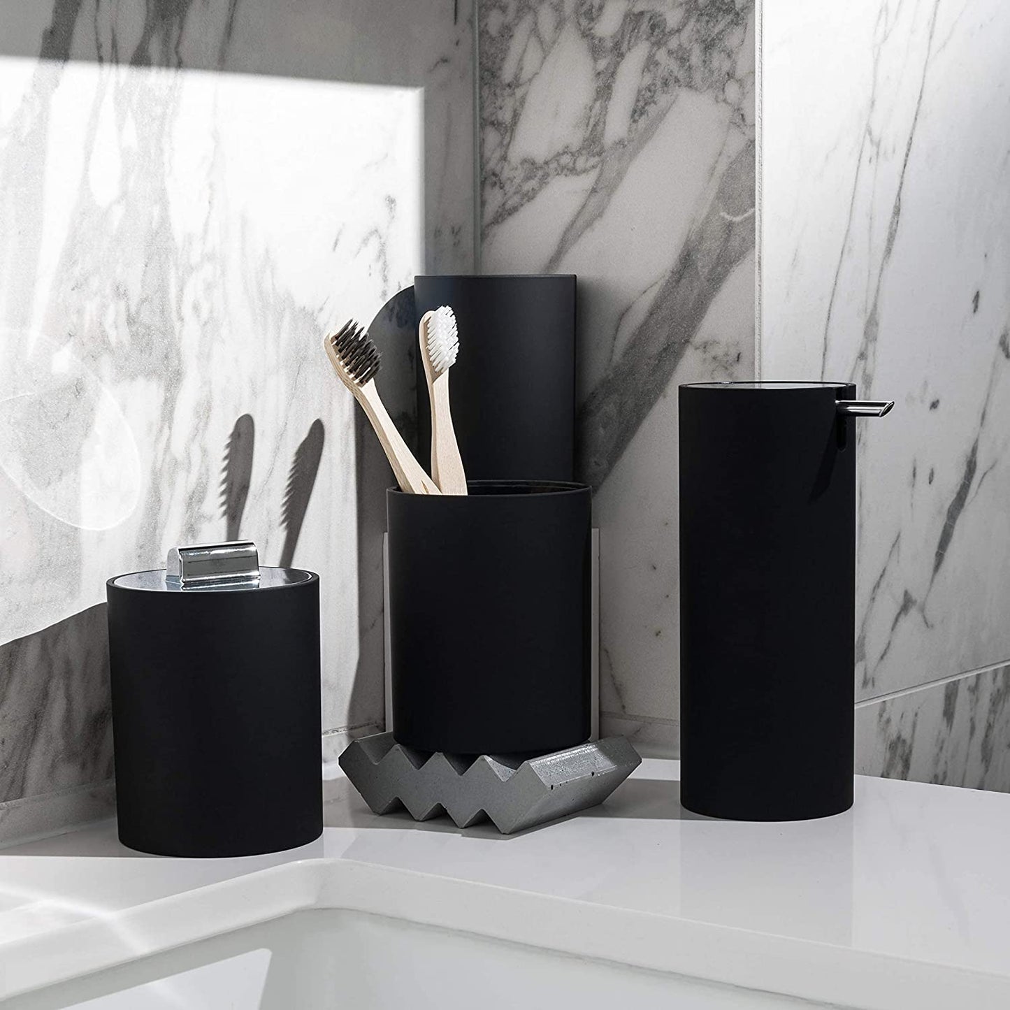 Sleek Matte Black Bathroom Accessory Set 4 Pcs Complete Bathroom Set Modern Bathroom Decor Bathroom Organizer Accesorios Para Baños Toothbrush Holder Soap Dispenser Set Home Decor Clearance