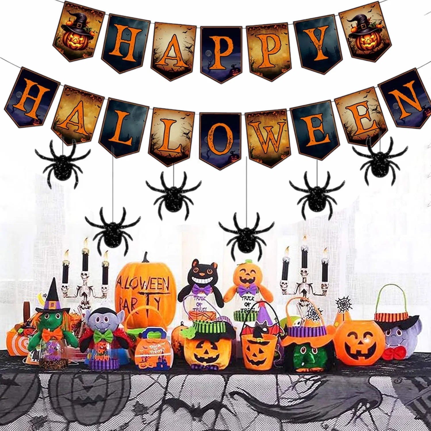 Happy Halloween Banner and Hanging Spider Garland Trick or Treat Banner Sign Happy Halloween Paper Banner for Halloween Party Decorations