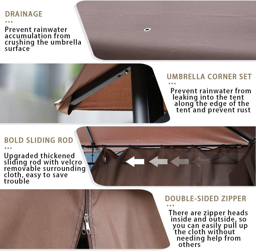 10'X13' Outdoor Patio Gazebo Heavy Duty Steel Frame Canopy with Double Roof, Privacy Curtains, for Garden, Backyard, and Lawn (Brown)