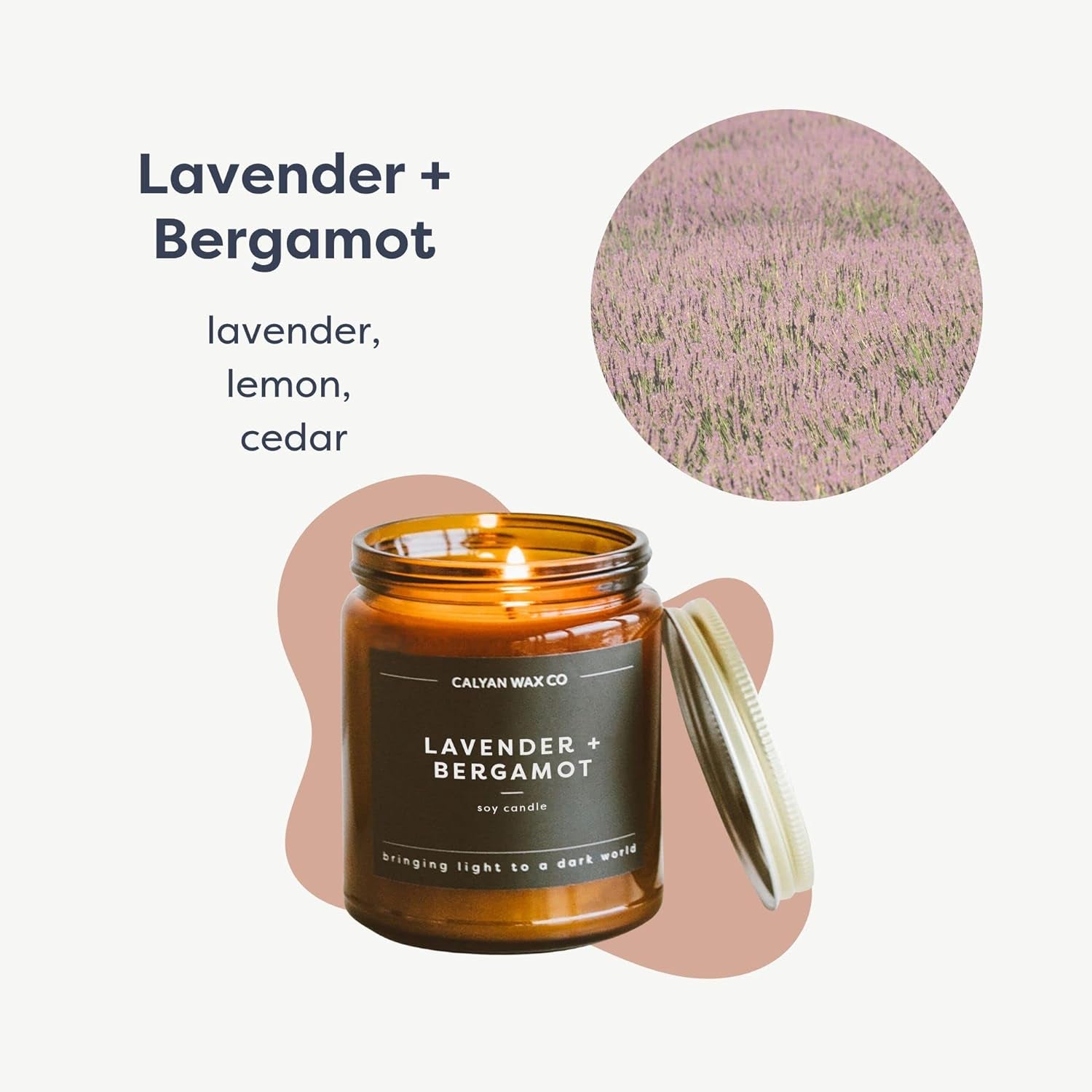 Soy Wax Candle, Lavender + Bergamot Scented Candle, 57 Hour Burn Time, Aromatherapy Soy Candles, Non Toxic & Vegan Soy Wax, Amber Glass Jar Scented Candles, 7.2Oz