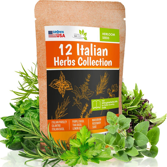 12 Italian Herb Seeds Pack - Heirloom and Non GMO, Grown in USA - Indoor or Outdoor Garden - Four Basil Varieties and Parsley, Cilantro, Rosemary, Thyme, Oregano, Marjoram, Sage, Arugula