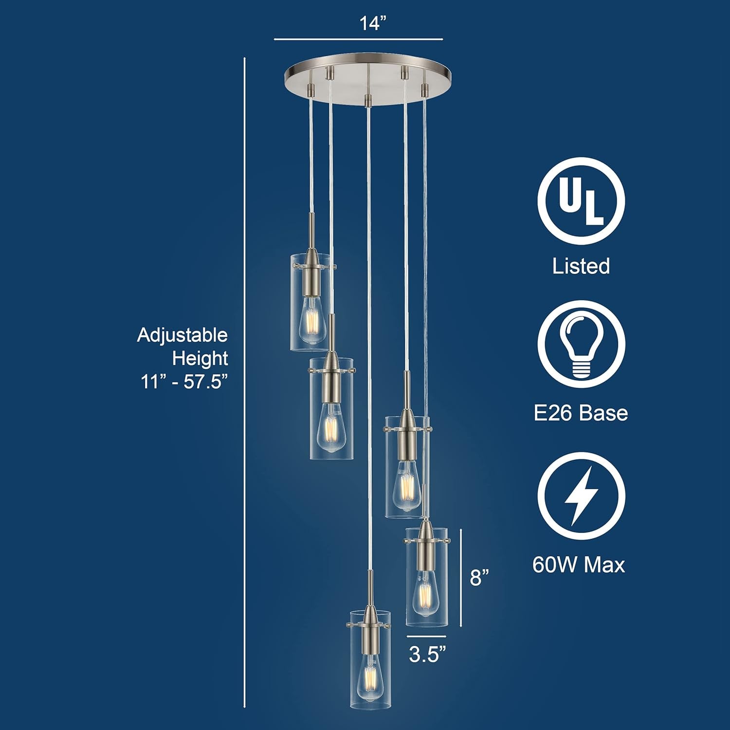 Effimero 5-Light Cluster Pendant Lights Stairwell Lighting Large Chandelier Brushed Nickel Modern Chandelier Light Fixture Foyer Chandeliers Entryway High Ceiling Staircase Lights