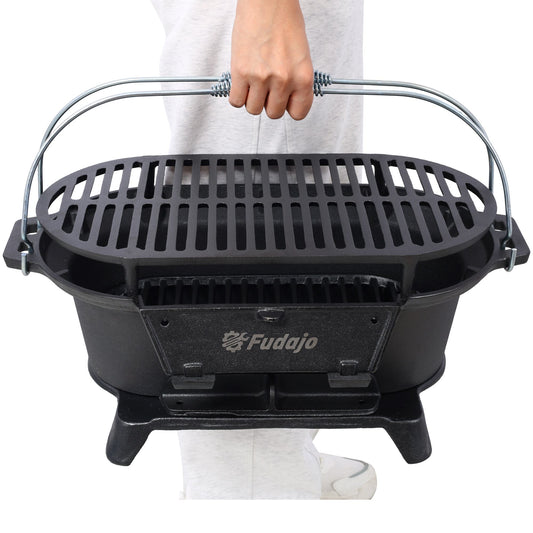 Outdoor Oval Cast Iron Grill, Portable Charcoal Grill, and Desktop Cast Iron Frying Pan