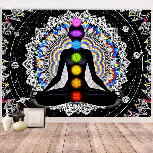 Seven Chakra Tapestry Mandala Tapestry Trippy Black and White Tapestry Celestial Space Tapestry Boho Yoga Meditation Wall Hanging Tapestry for Bedroom Home Decor (H51.2 X W59.1)