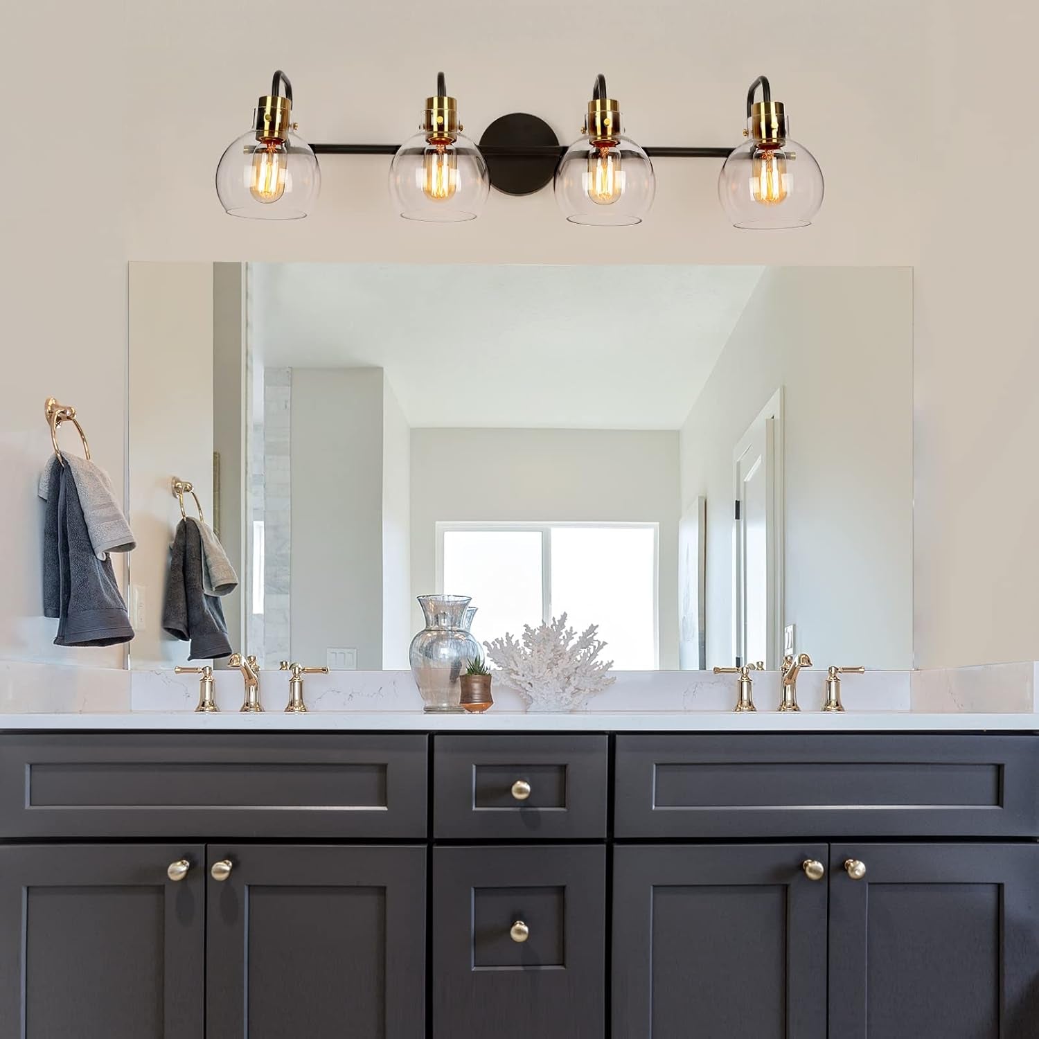 Bathroom Light Fixtures, 4-Light Black Gold Vanity Light, Vintage Farmhouse Bathroom Lights over Mirror (L 32" X W 8" X H 8") Black Vanity Light