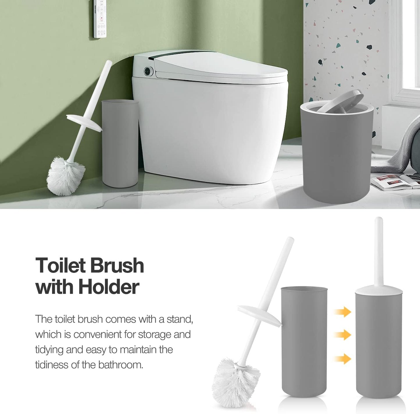 7 Pcs Bathroom Accessories Sets, Plastic Gift Set Includes Toothbrush Cup, Toothbrush Holder, Soap Dispenser, Soap Dish, Toilet Brush with Holder, Trash Can, with 3 Pcs Toothbrushes (Grey)