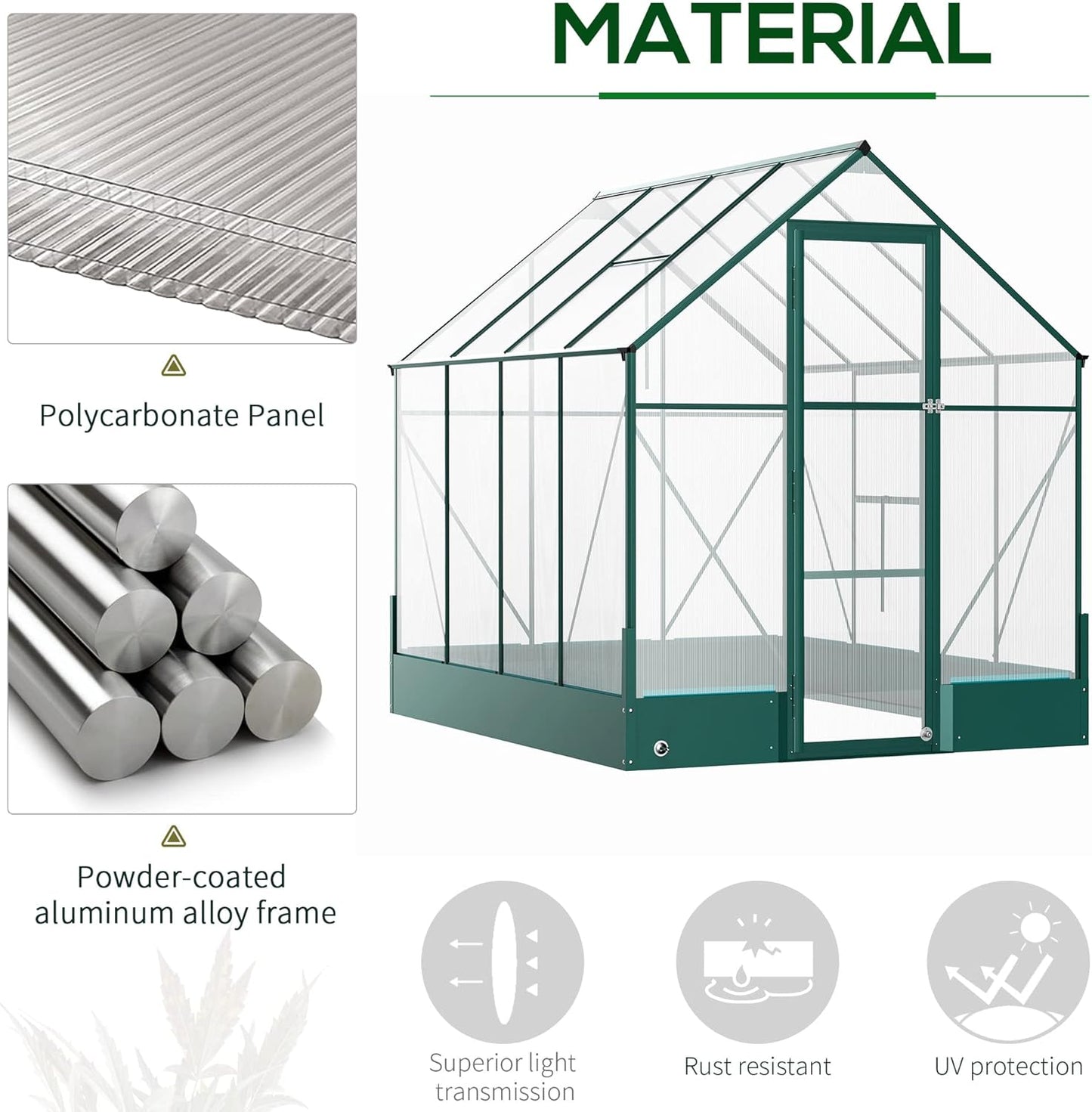 8' X 6' Greenhouse for Outdoors, Polycarbonate Greenhouse with Roof Vent and Rain Gutter, Aluminum Walk-In Green House for outside for Patio Backyard Garden, Green