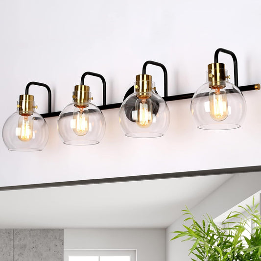 Bathroom Light Fixtures, 4-Light Black Gold Vanity Light, Vintage Farmhouse Bathroom Lights over Mirror (L 32" X W 8" X H 8") Black Vanity Light
