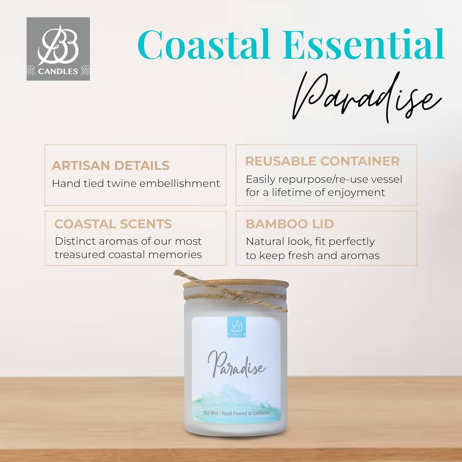 Coastal Essentials Natural Soy Hand Poured Artisan Candle, Paradise Scent, 12Oz, 90+ Hours Burn Time