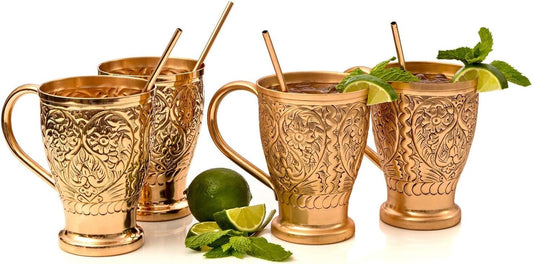 Moscow Mule Pure Copper Mugs - Embossed Set with 4 Matching Shot Glasses - Copper Straws for Cocktails & Recipe E-Book Exclusive Set of 4