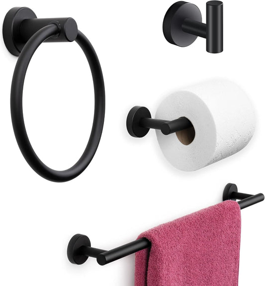 - 4 Piece Matte Black Bathroom Hardware Set - Towel Rack Set, Towel Holder & Wall Mounted Fixtures - Stainless Steel Matte Black Accessories