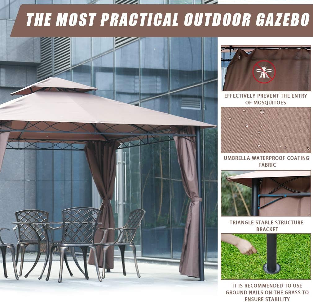 10'X13' Outdoor Patio Gazebo Heavy Duty Steel Frame Canopy with Double Roof, Privacy Curtains, for Garden, Backyard, and Lawn (Brown)
