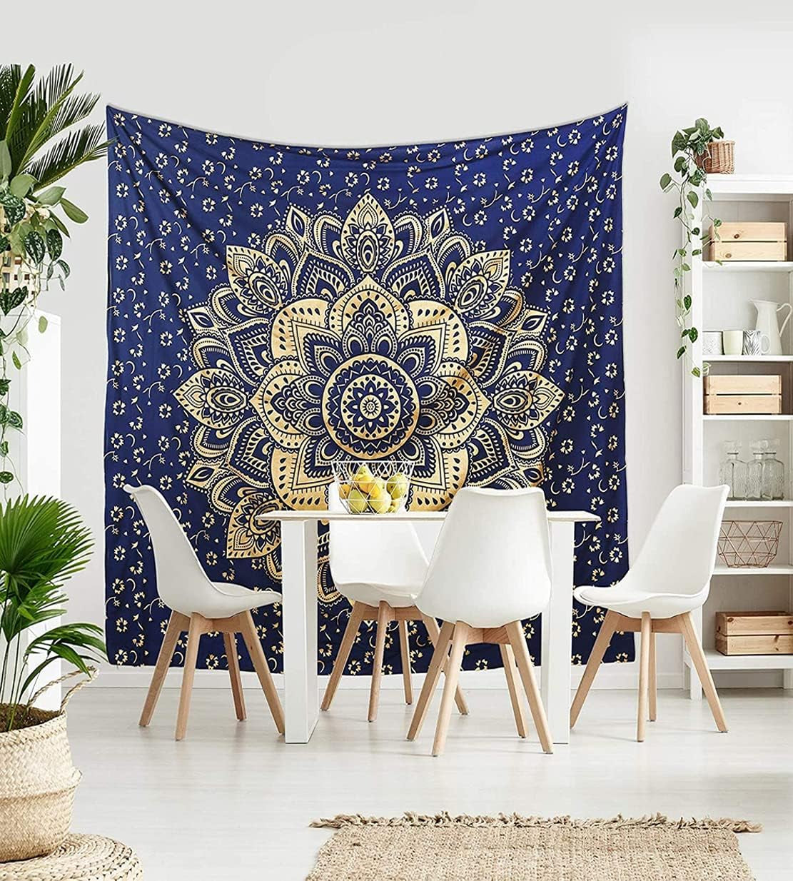 Rajsee Blue Gold Mandala Tapestry - Bedroom Aesthetic - Indie Boho Trippy Large Wall Hanging - 82X92 Inches