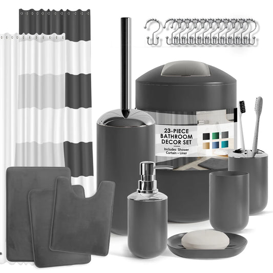 23 Piece Bathroom Accessory Gift Set, Bathroom Shower Curtain Set, and Bath Rug Set, Gray