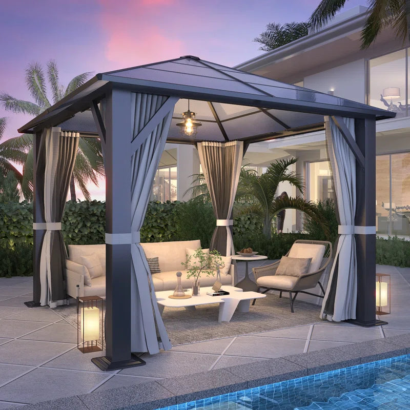 Steel Patio Gazebo - Polycarbonate Hardtop Gazebo with Curtains & Netting