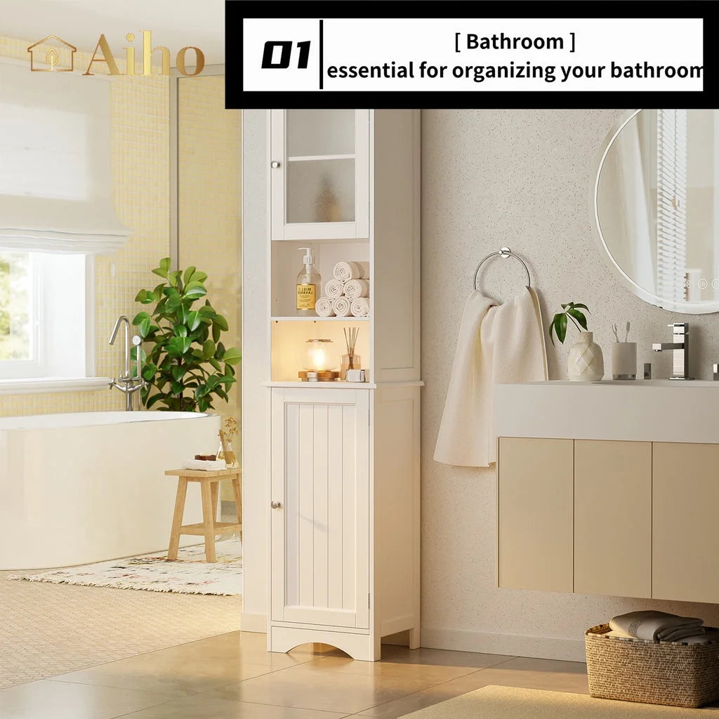 67.1 " Bathroom Storage Cabinet with Adjustable Shelves, Kitchen Pantry with Two-Way Doors for Bathroom and Kitchen, Freestanding - White