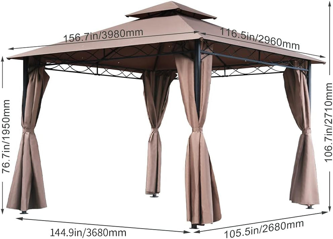 10'X13' Outdoor Patio Gazebo Heavy Duty Steel Frame Canopy with Double Roof, Privacy Curtains, for Garden, Backyard, and Lawn (Brown)