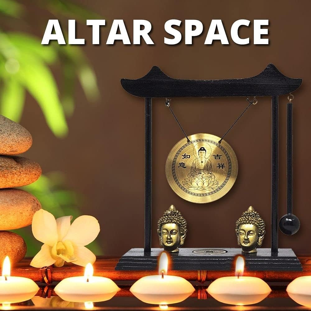 Chinese Gong - Mini Zen Art Brass Feng Shui Desktop Gong with Stand - Asian Bell for Home Decoration Chau