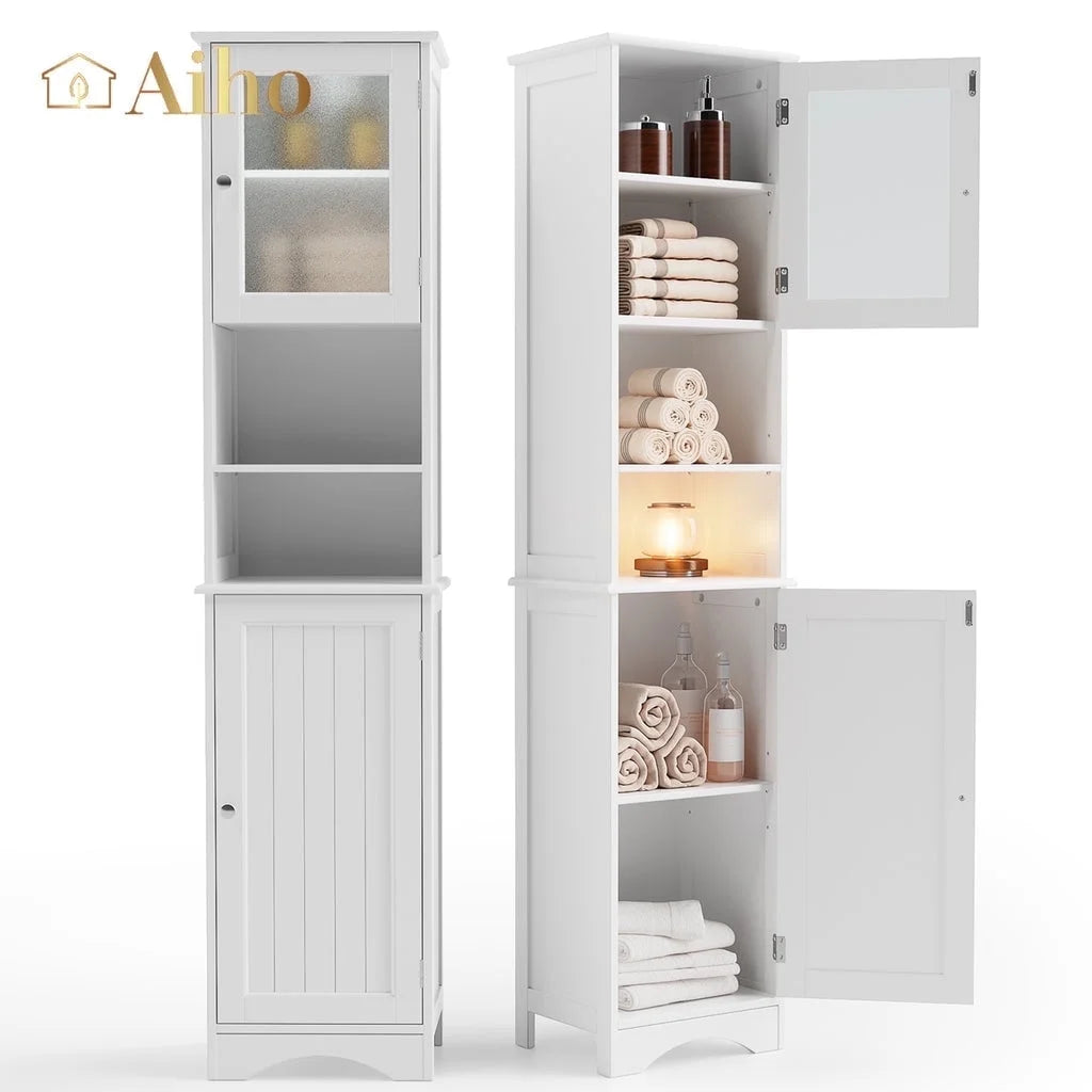 67.1 " Bathroom Storage Cabinet with Adjustable Shelves, Kitchen Pantry with Two-Way Doors for Bathroom and Kitchen, Freestanding - White